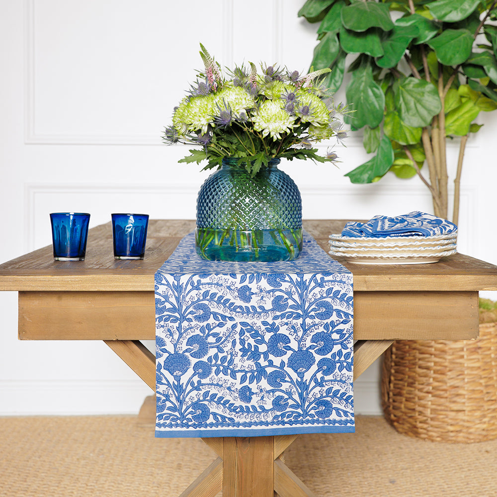 Blue & white floral hand block printed cotton table runner