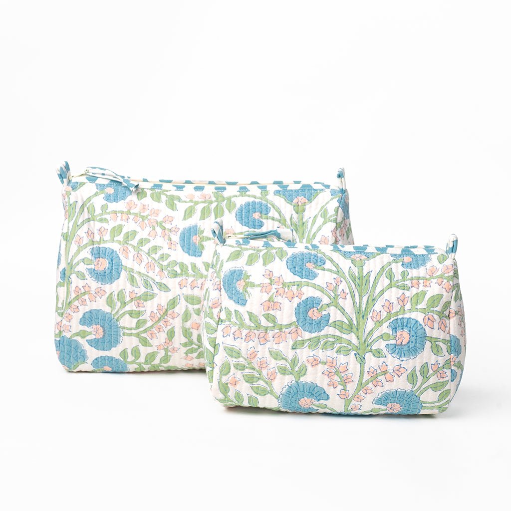 Cactus Flower Meadow & Blue Large Cosmetic Bag - Pomegranate