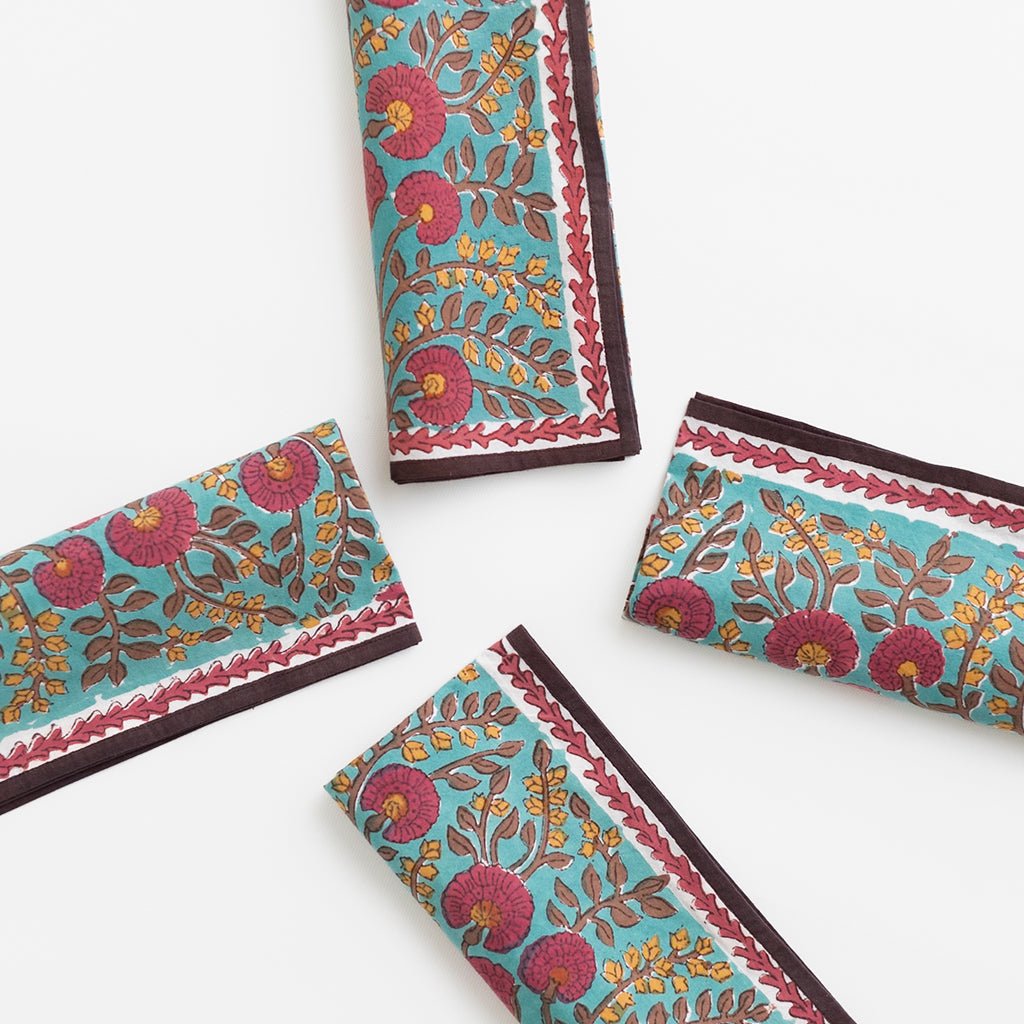 Cactus Flower Teal & Cranberry Napkin | Set of 4 - Pomegranate