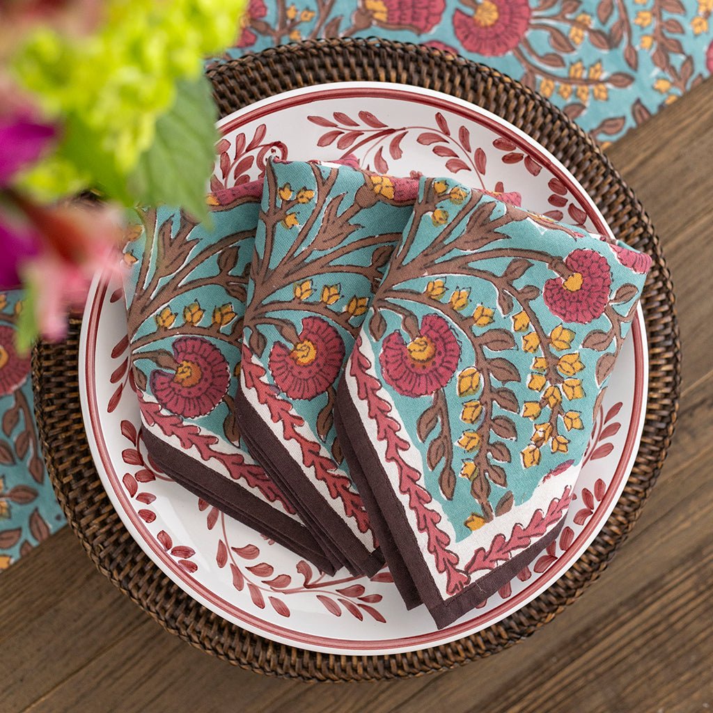 Cactus Flower Teal & Cranberry Napkin | Set of 4 - Pomegranate