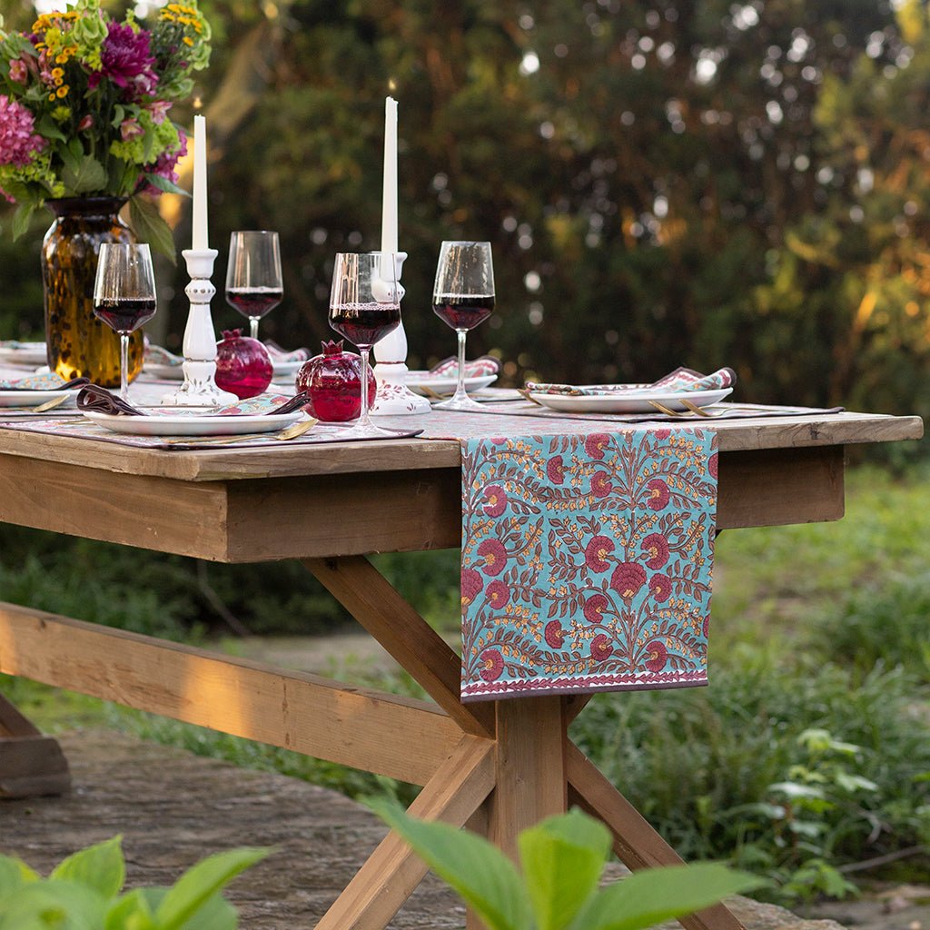 Cactus Flower Teal & Cranberry Table Runner - Pomegranate