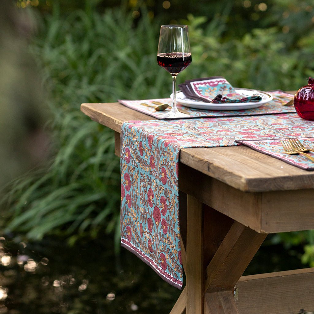 Cactus Flower Teal & Cranberry Table Runner - Pomegranate