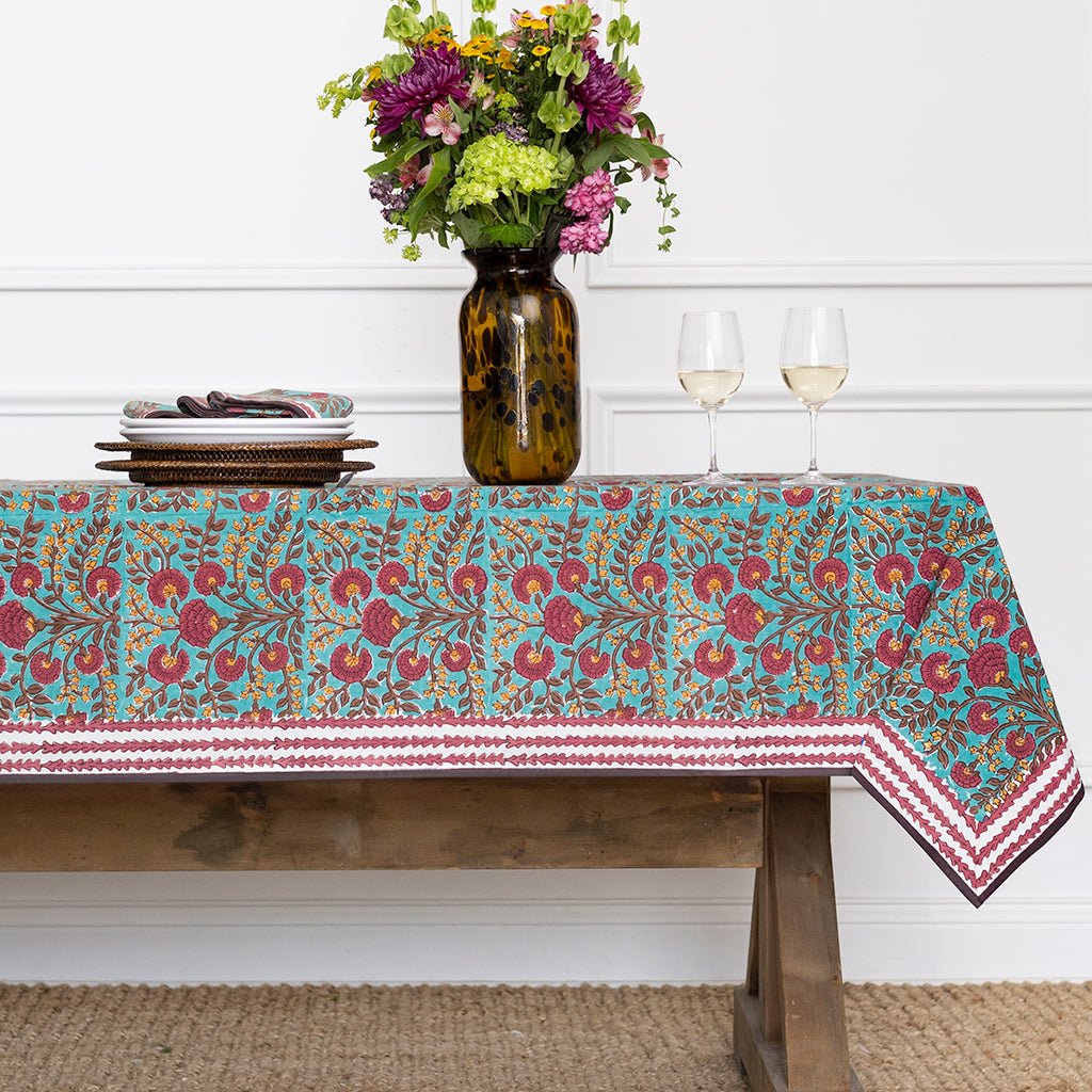 Cactus Flower Teal & Cranberry Tablecloth - Pomegranate