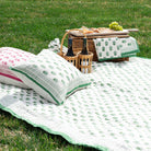 Picnic setup with bottles, food, and a blanket on grass