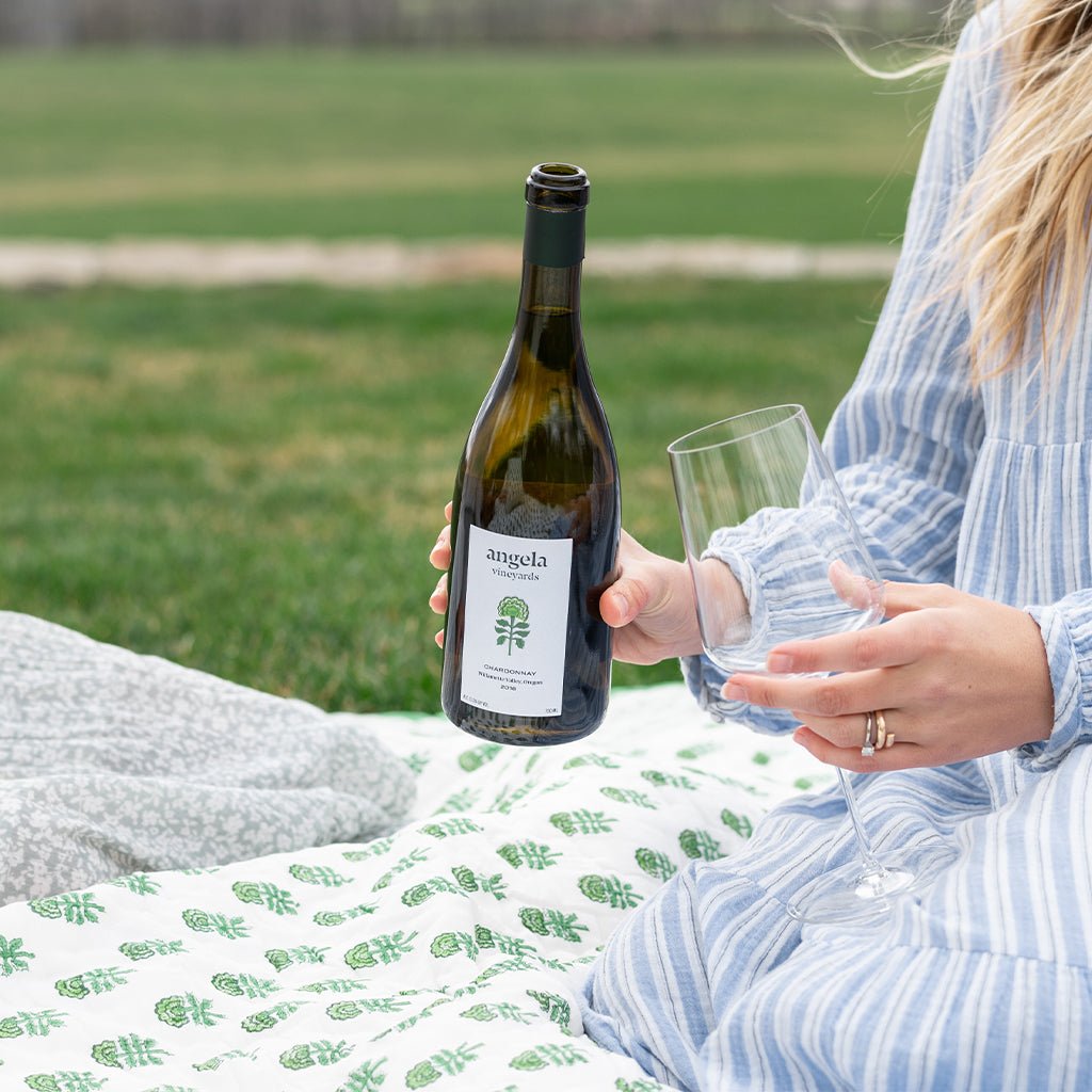 Person holding a bottle and glass of wine with a scenic background