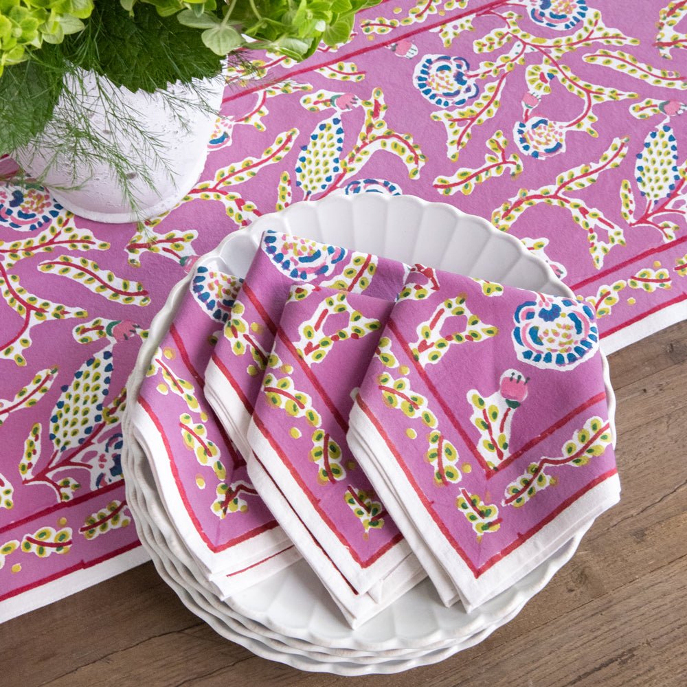 Climbing Dahlia Lilac Purple Floral Napkins | Block Print Linens