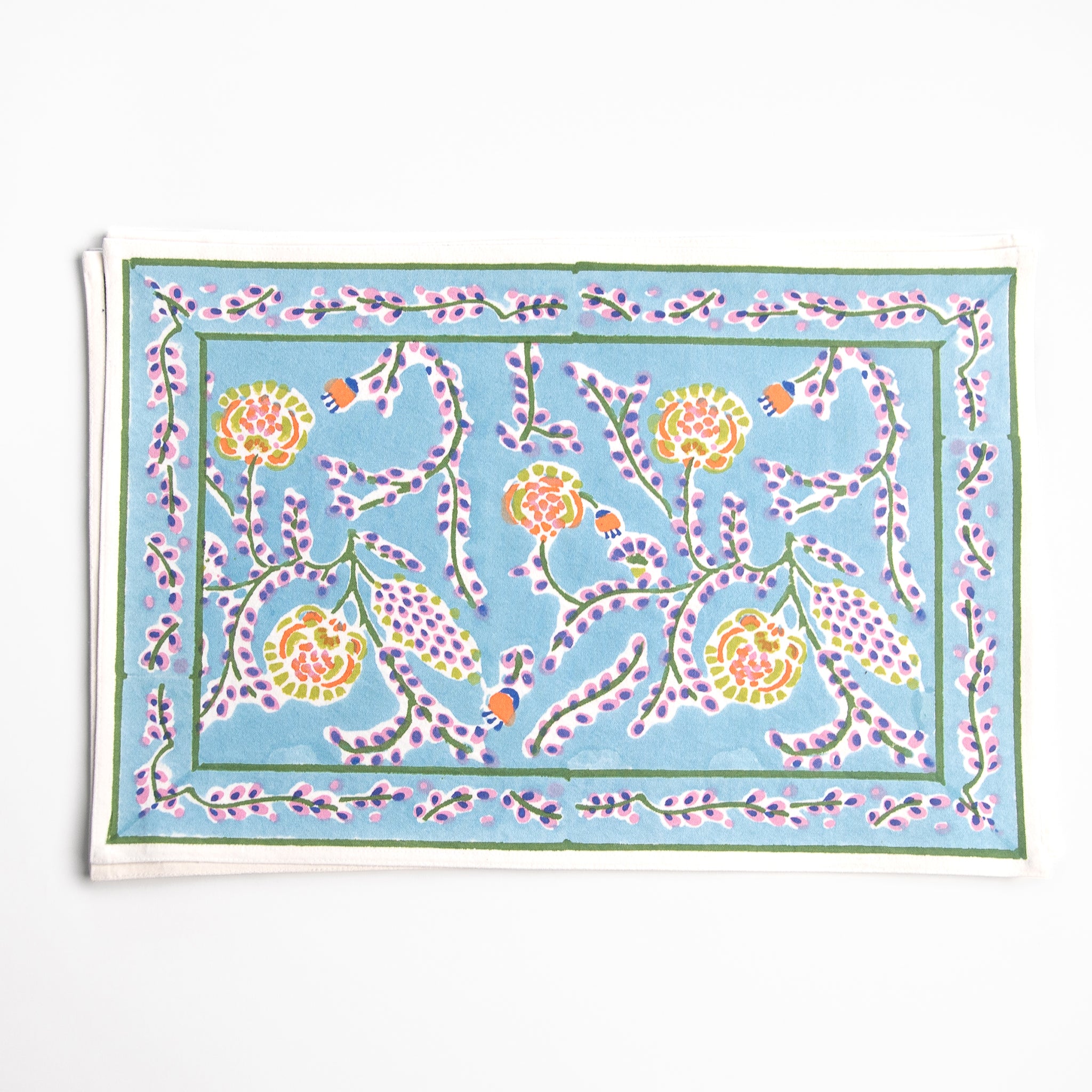 Climbing Dahlia Sky Blue Floral Hand Block Printed Cotton Canvas Placemats