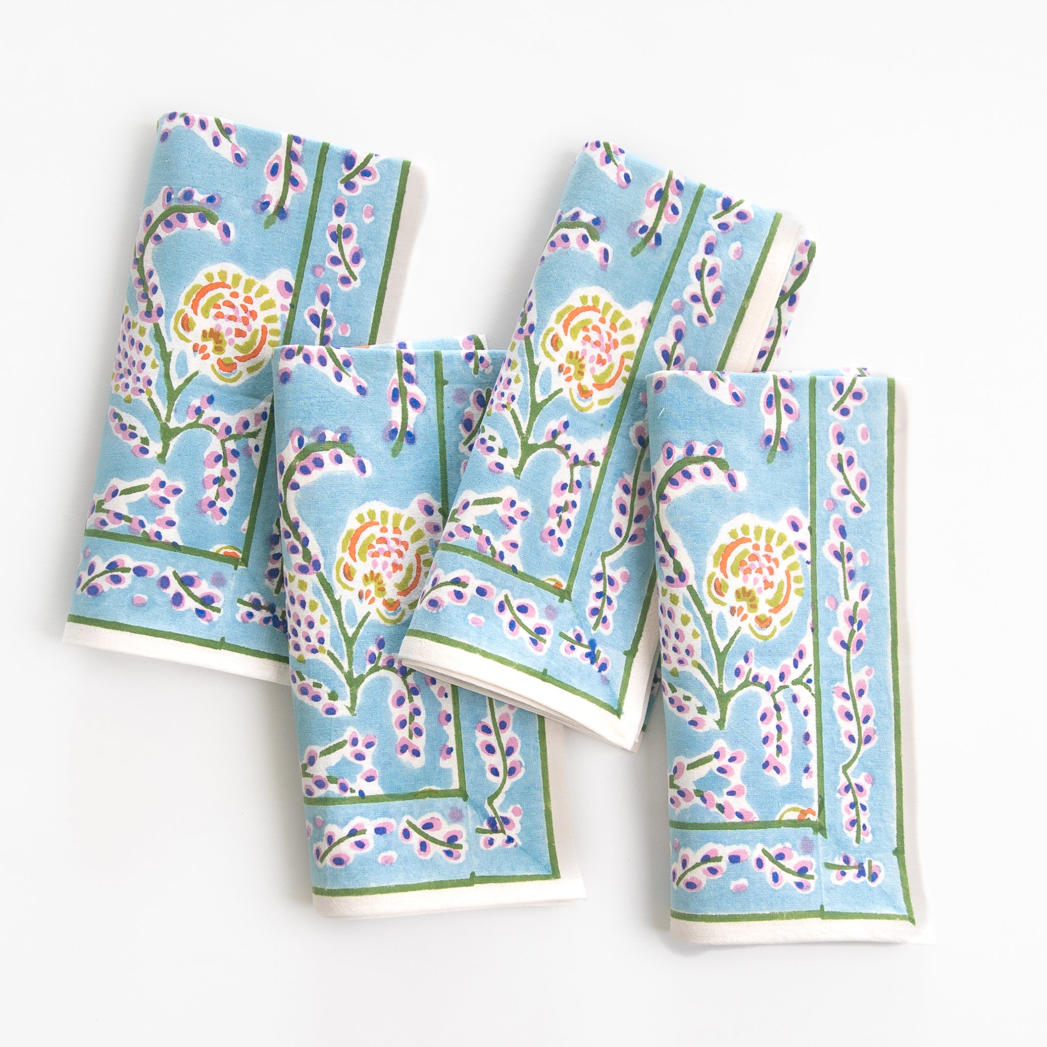 Climbing Dahlia Sky Blue Floral Hand Block Printed Cotton Napkins