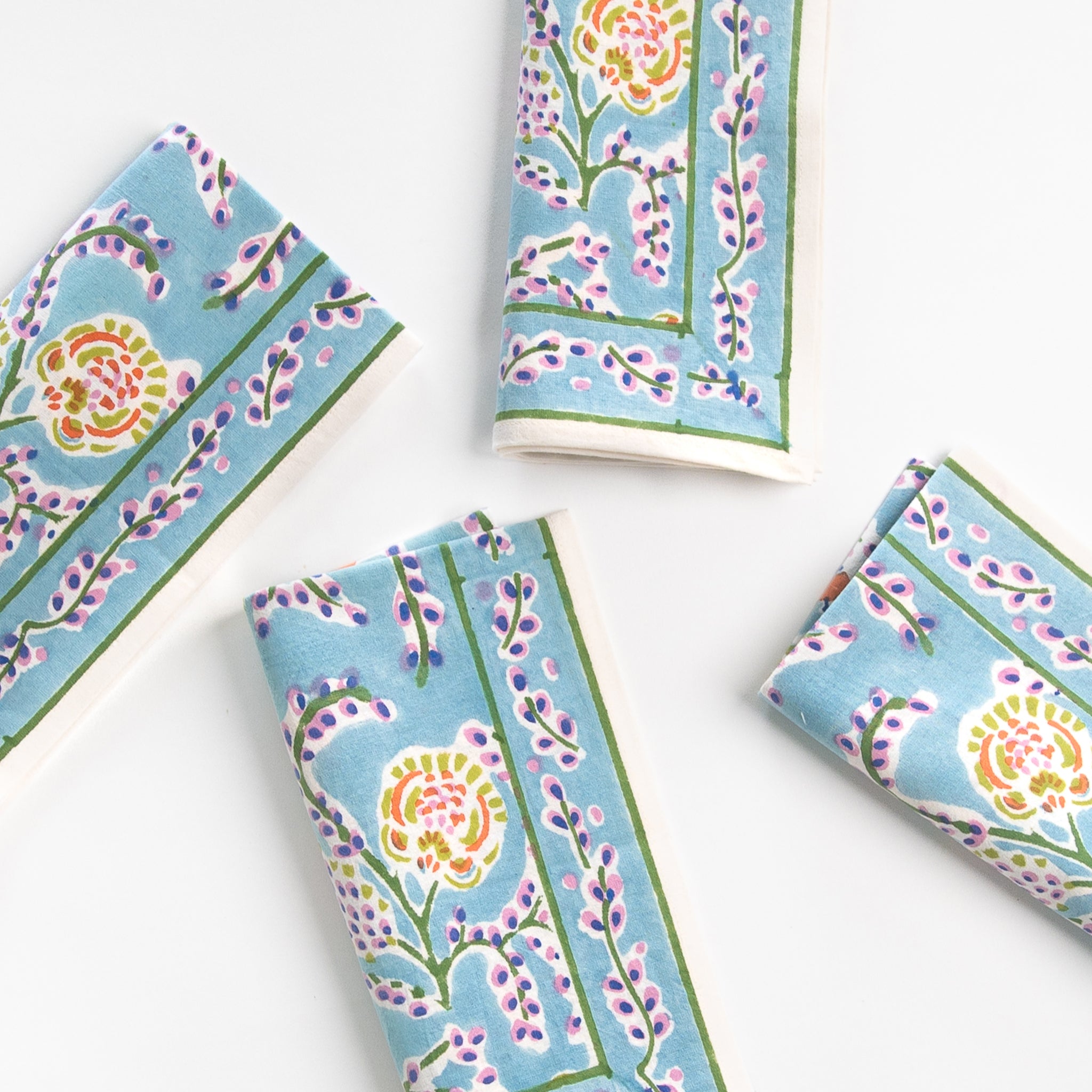 Climbing Dahlia Sky Blue Floral Hand Block Printed Cotton Napkins