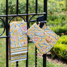 Climbing Dahlia Sunshine Yellow Floral Hand Block Printed Kitchen Tea Towels & Oven Mitt & Pot Holder Set