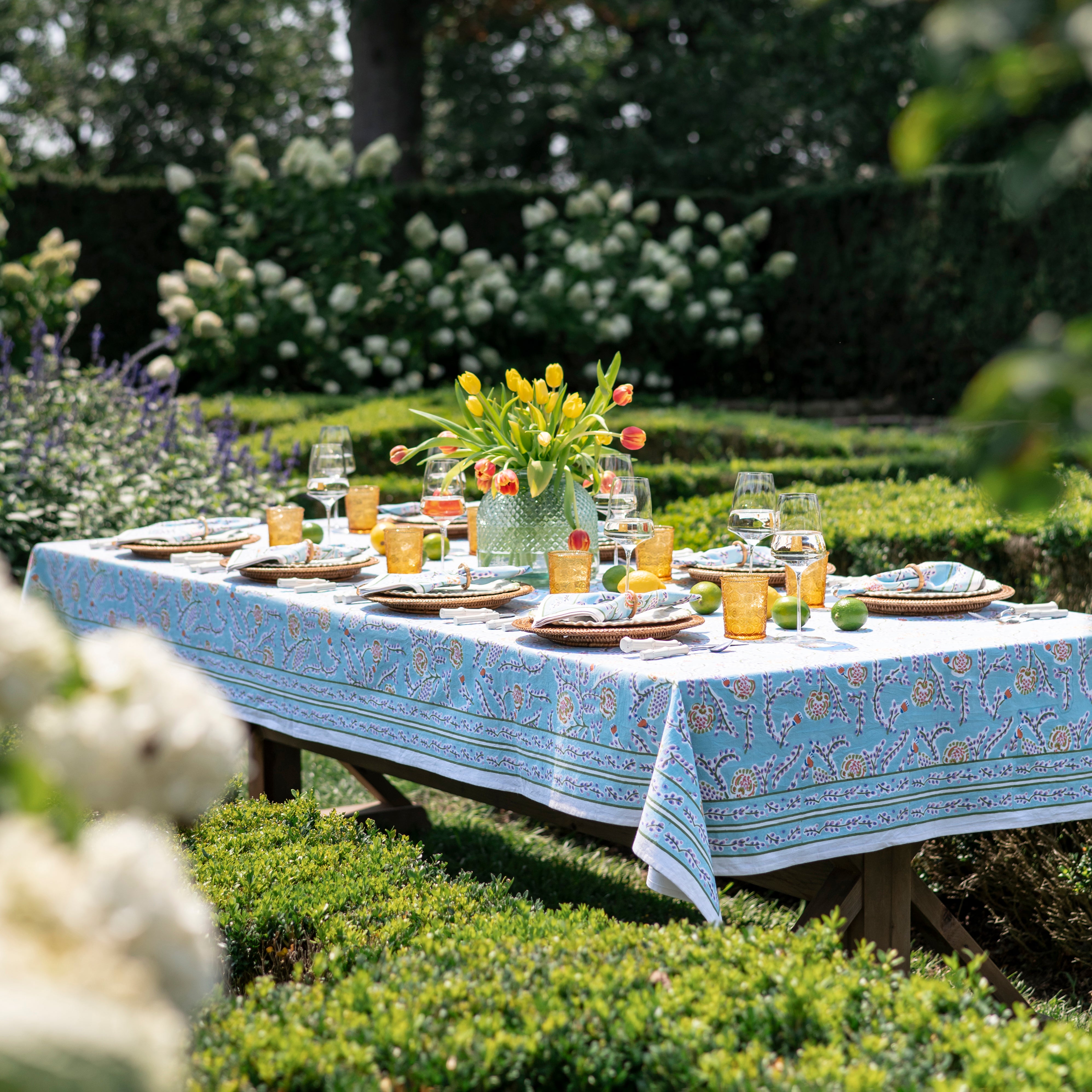 Climbing Dahlia Sky Blue Floral Hand Block Printed Cotton Tablecloth