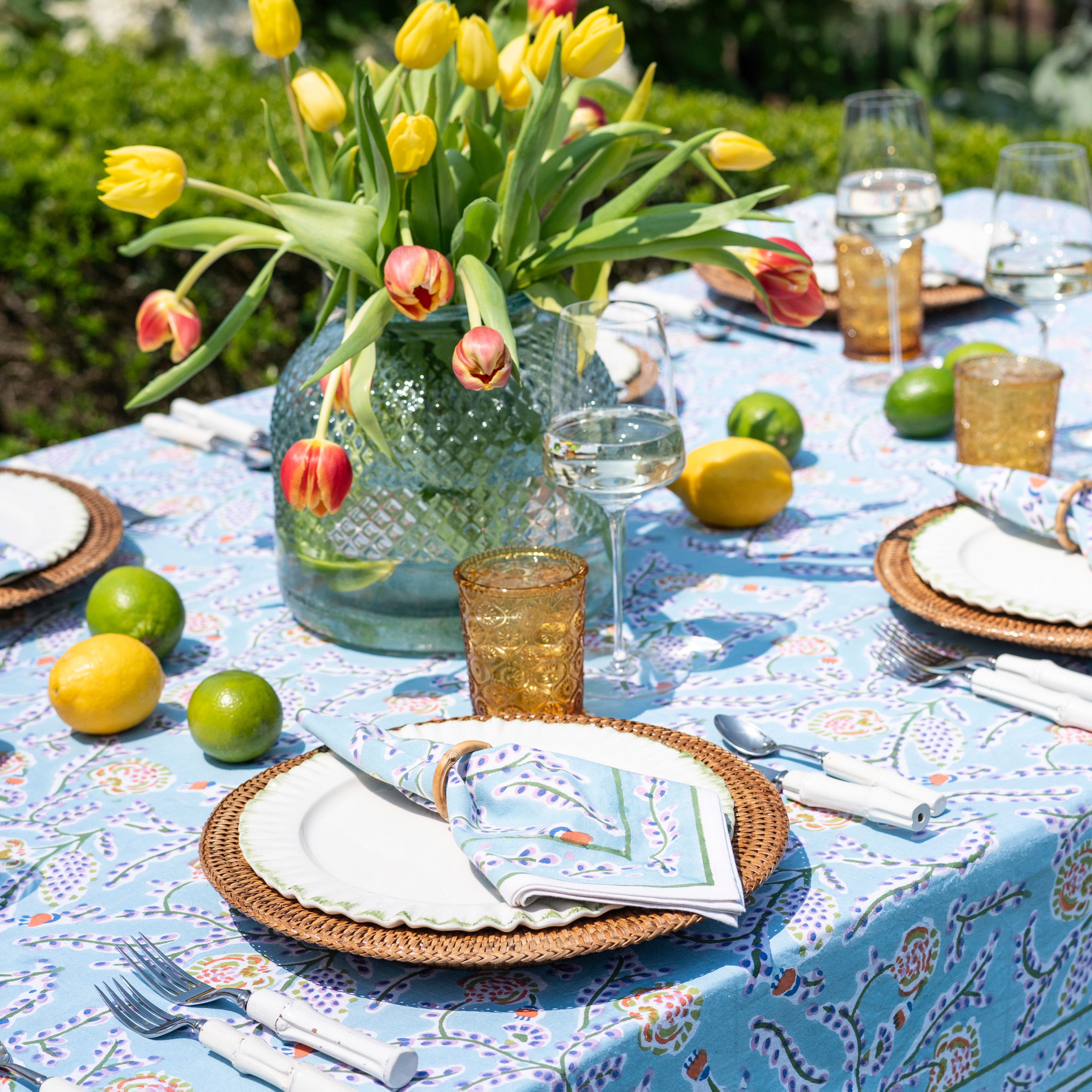 Climbing Dahlia Sky Blue Floral Hand Block Printed Cotton Napkins