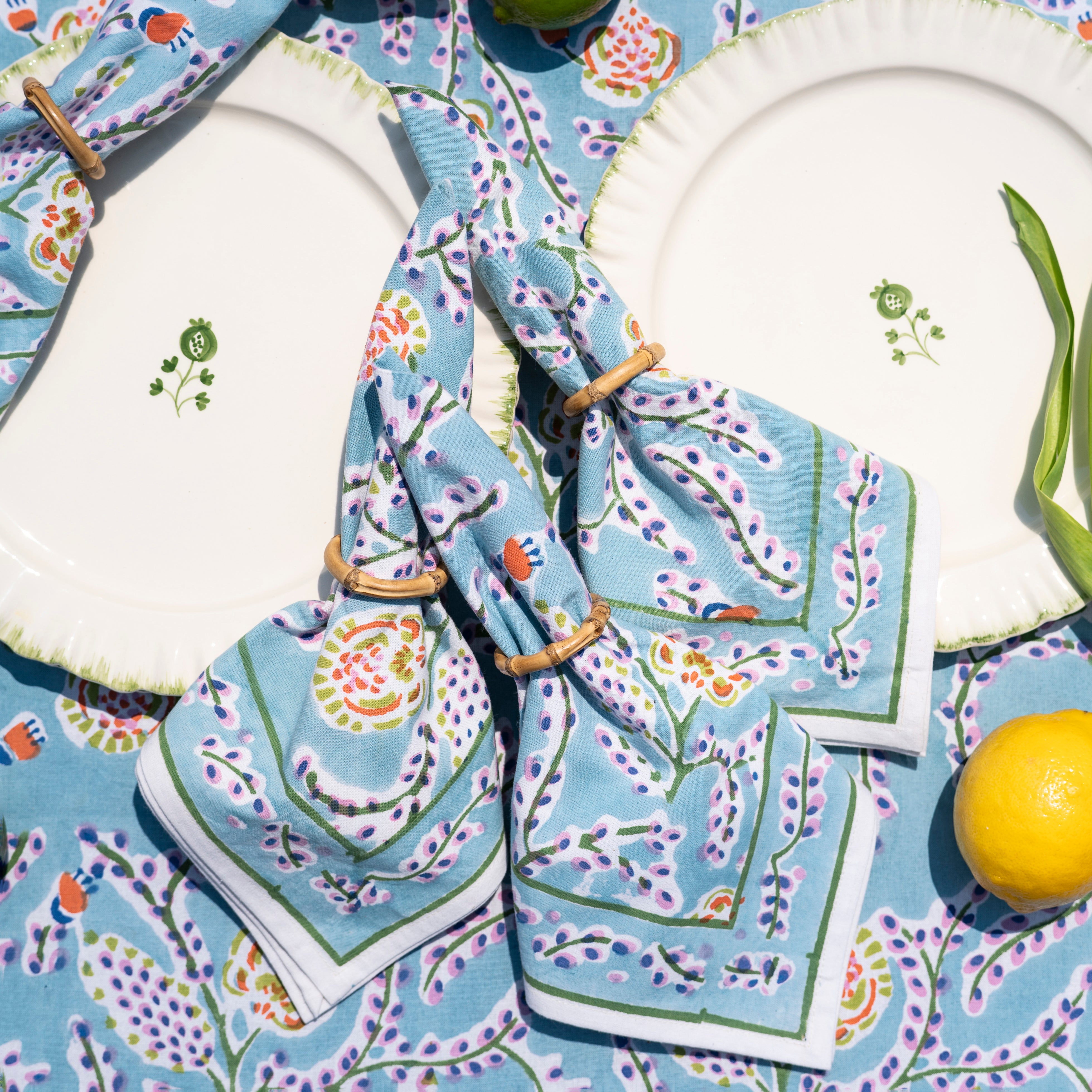 Climbing Dahlia Sky Blue Cloth Napkins | Floral Table Linens