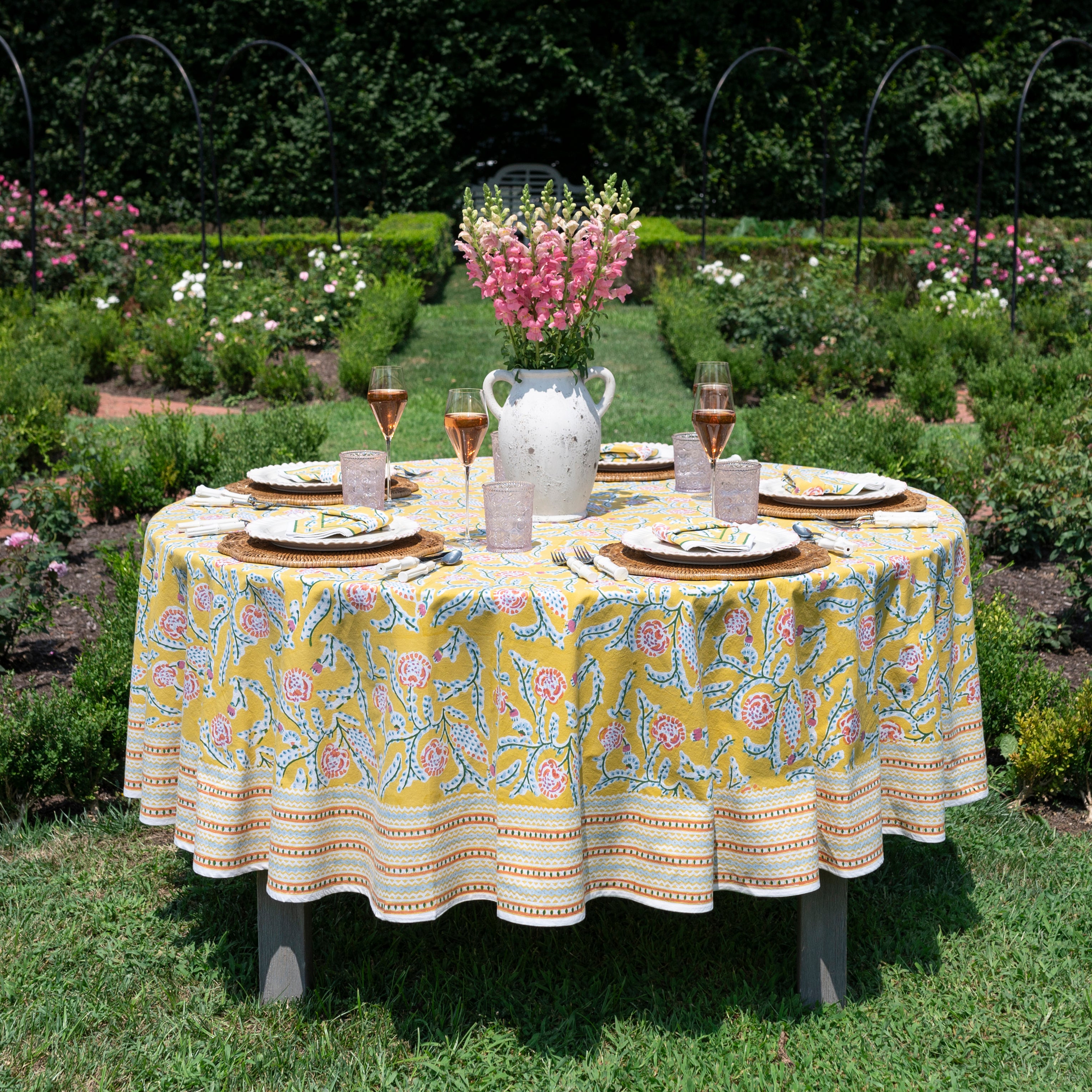 Climbing Dahlia Sunshine Yellow Floral Hand Block Printed Tablecloth