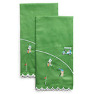 Two green towels with golf-themed designs on a white background