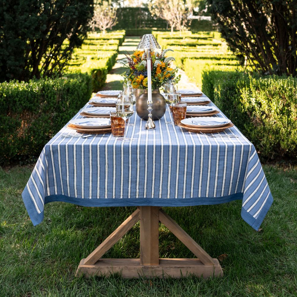 Dotted Stripe Blue Tablecloth – Hand Block Printed Cotton