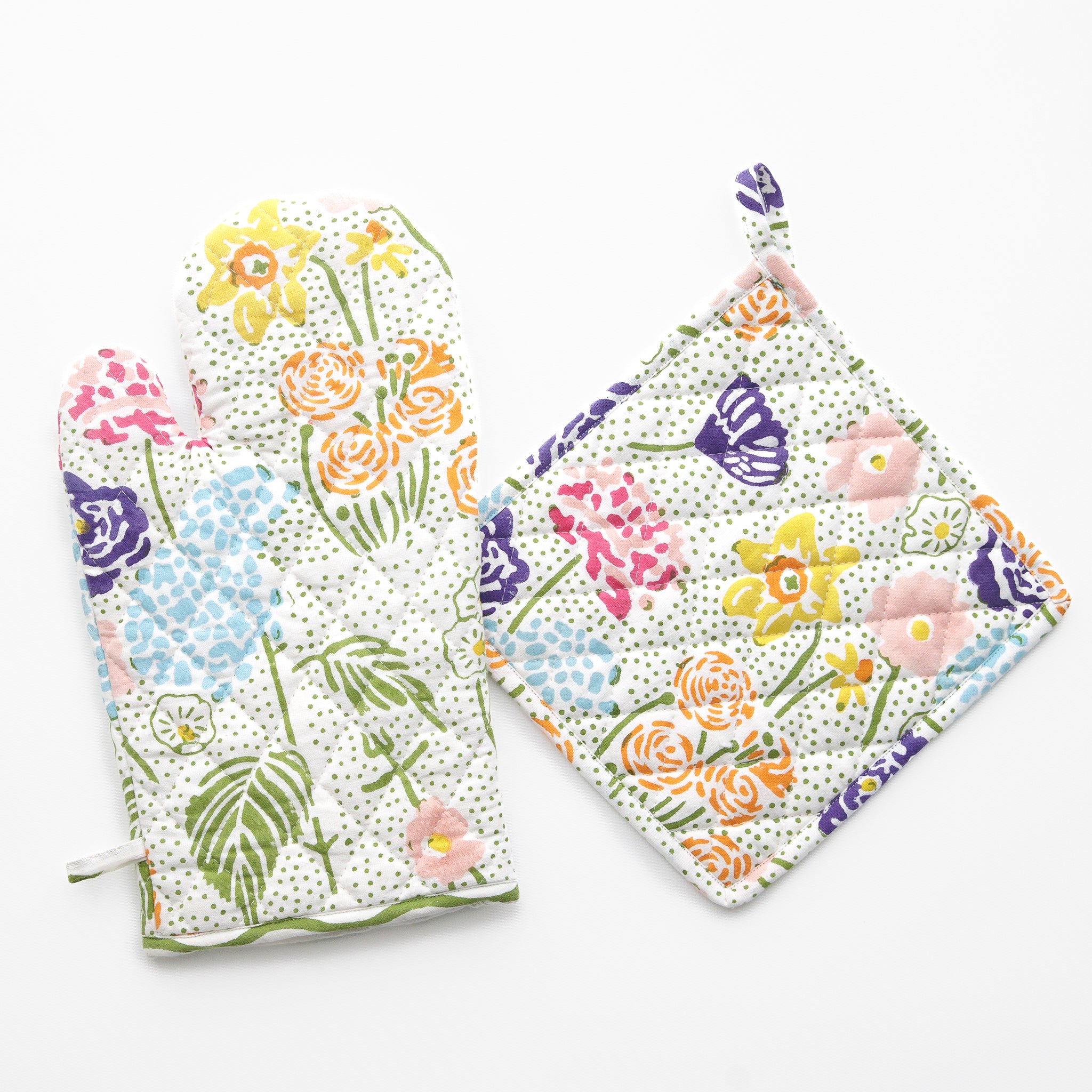 Festive Garden Colorful Hand Block Printed Floral Oven Mitt & Pot Holder Set