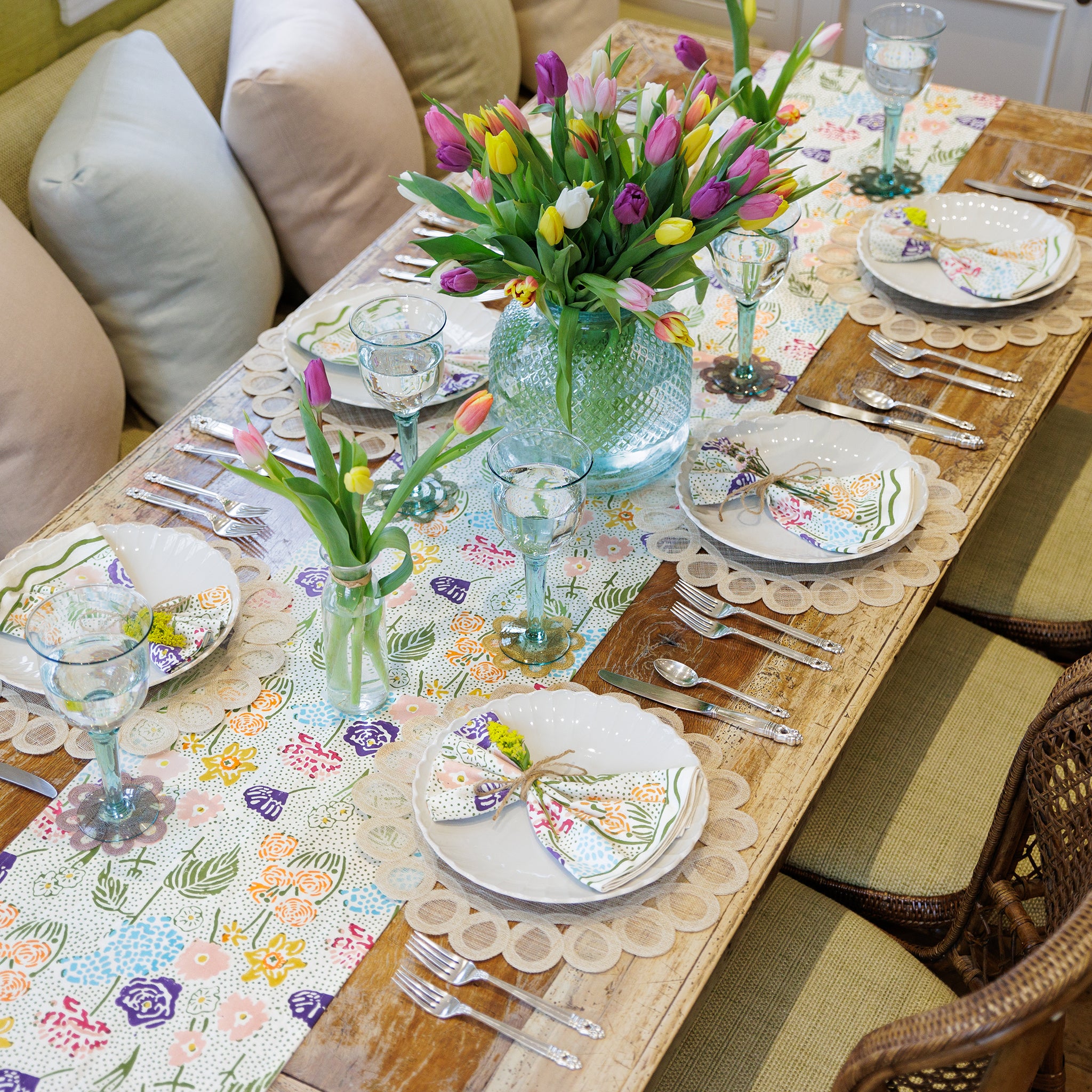 Festive Garden Colorful Hand Block Printed Floral Table Runner & Napkins