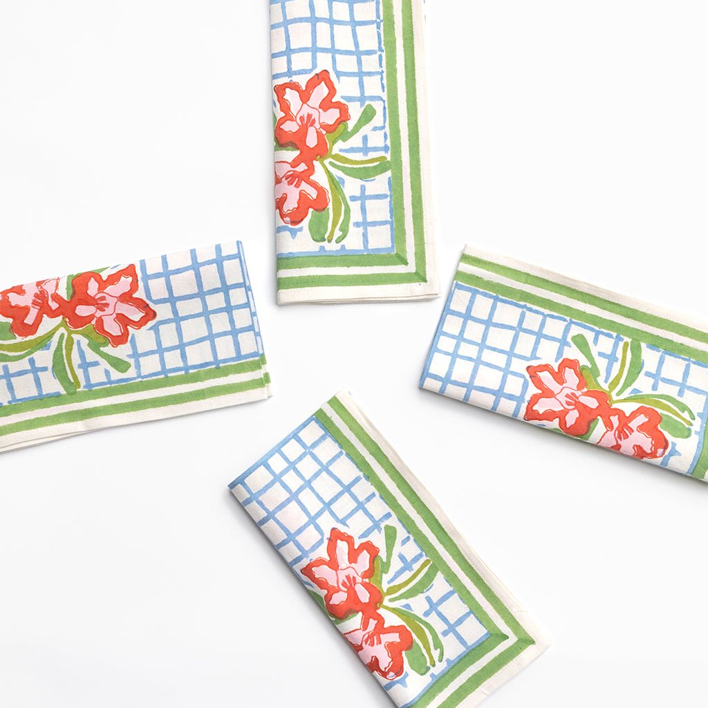 Floral Gingham Napkin | Set of 4 - Pomegranate