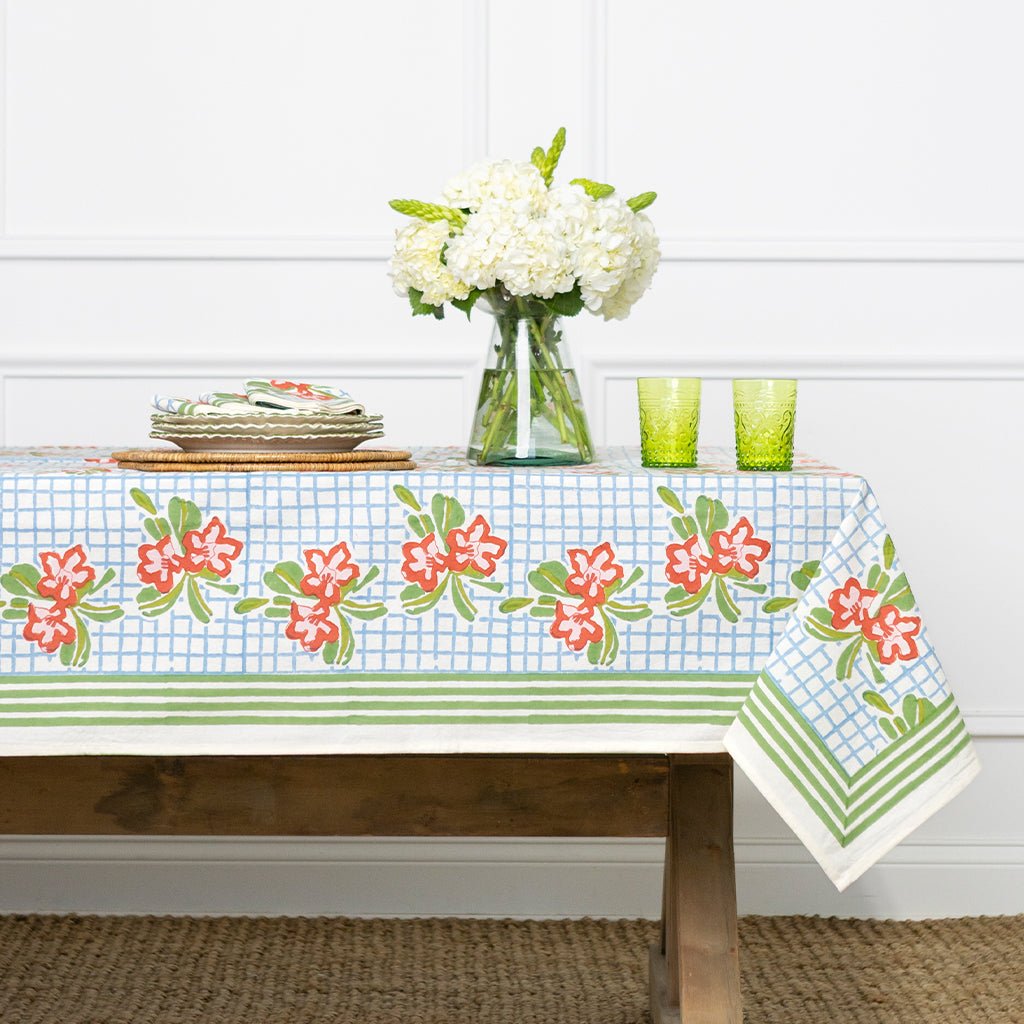 Floral Gingham Tablecloth - Pomegranate