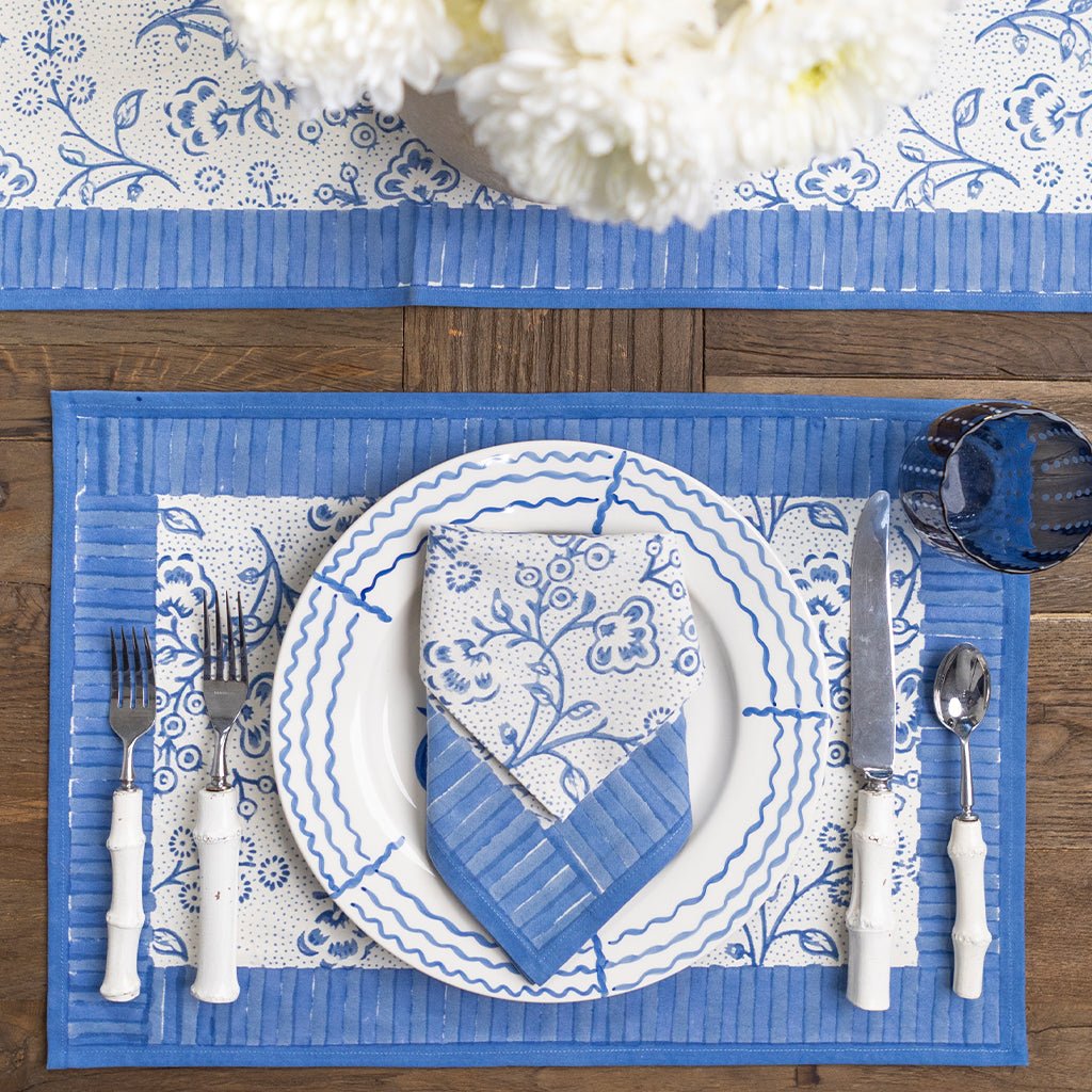 Floral & Berries Blue & White Placemat | Set of 4 - Pomegranate