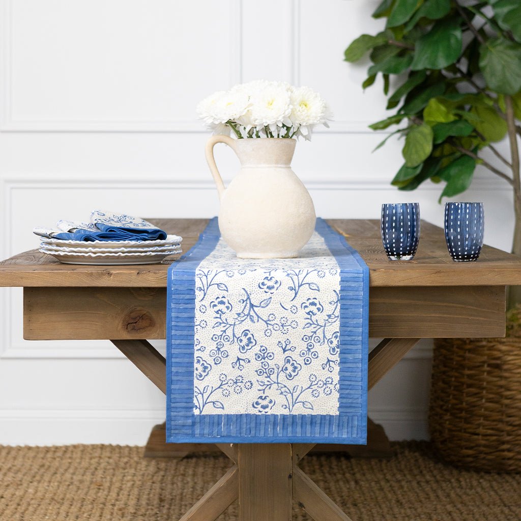 Floral & Berries Blue & White Table Runner - Pomegranate