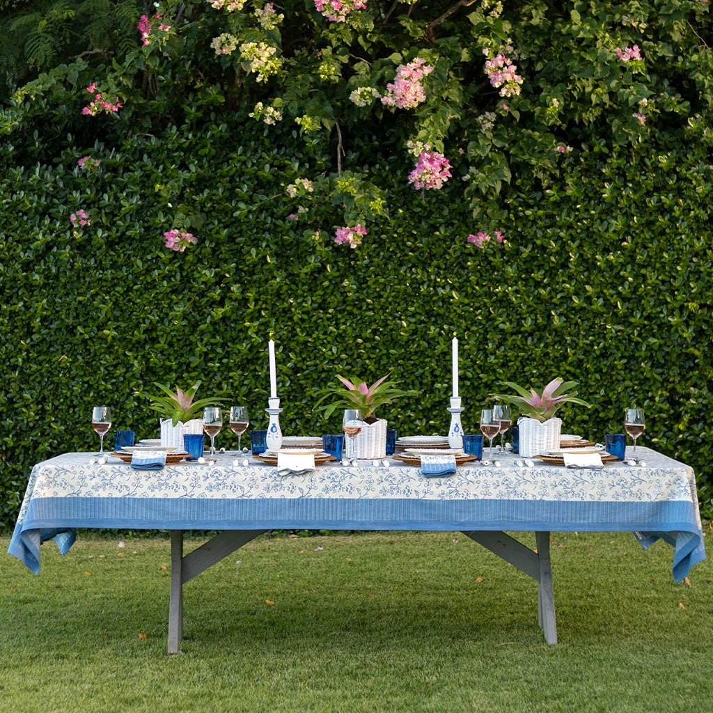 Floral & Berries Blue & White Tablecloth - Pomegranate