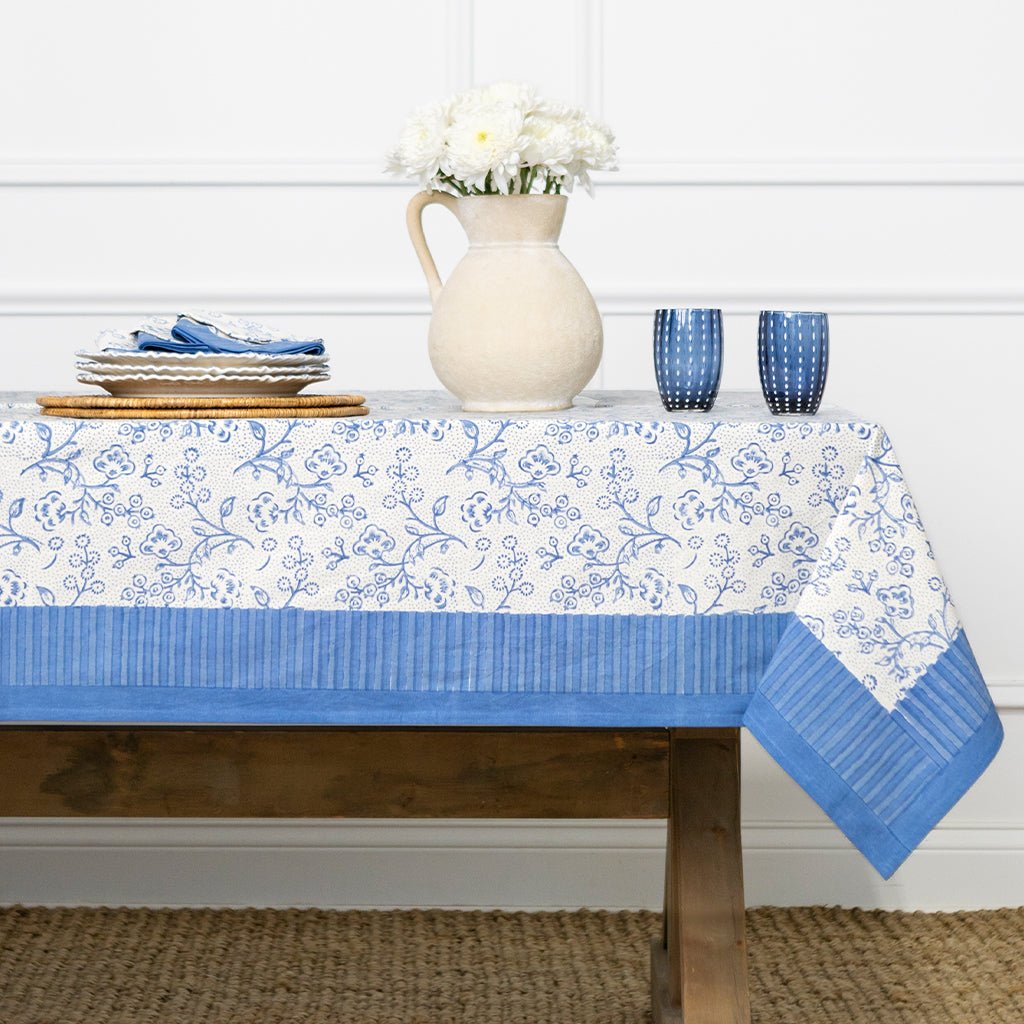 Floral & Berries Blue & White Tablecloth - Pomegranate