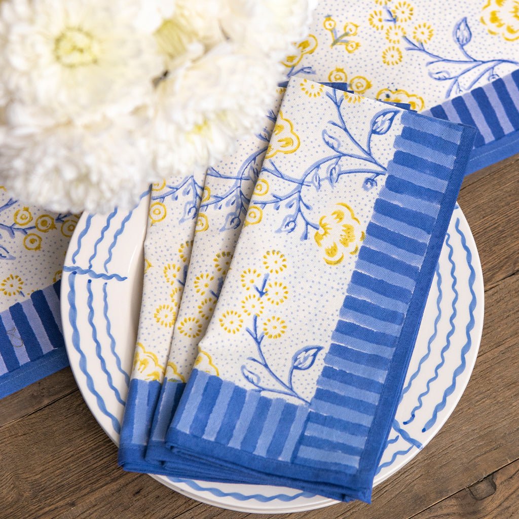 Floral & Berries Blue & Yellow Napkin | Set of 4 - Pomegranate