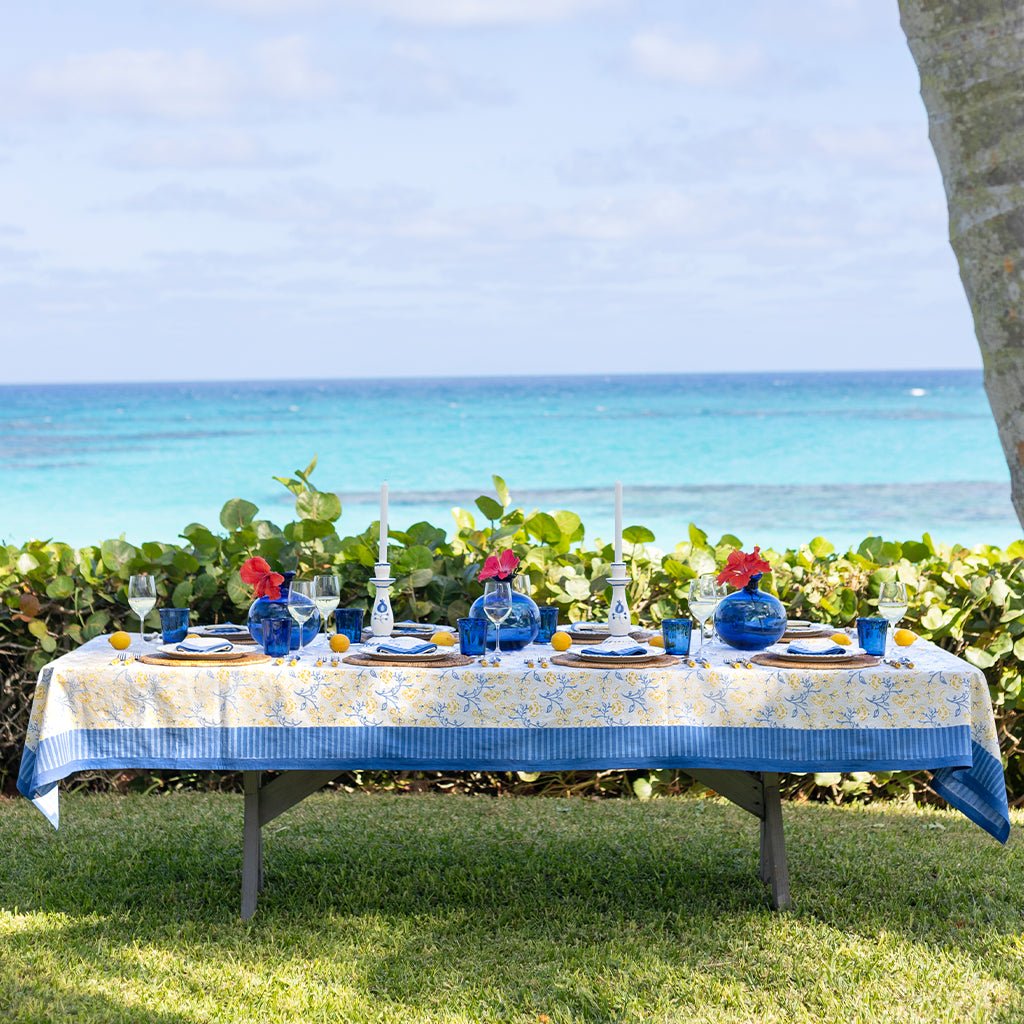 Floral & Berries Blue & Yellow Tablecloth - Pomegranate