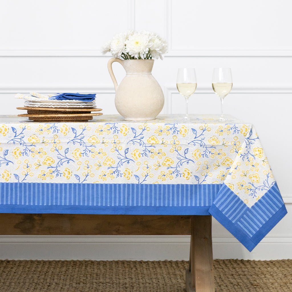 Floral & Berries Blue & Yellow Tablecloth - Pomegranate