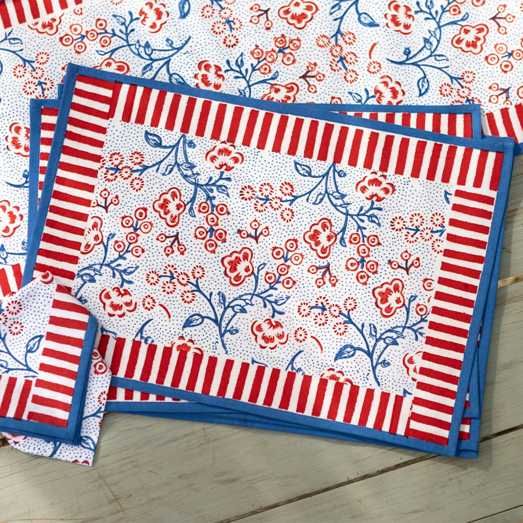Floral & Berries Red, White & Blue Placemat | Set of 4 - Pomegranate