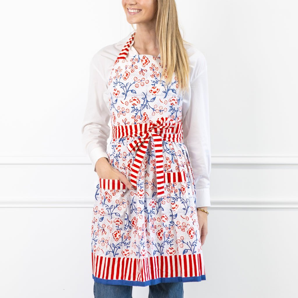 Floral & Berries Red, White & Blue Apron - Pomegranate