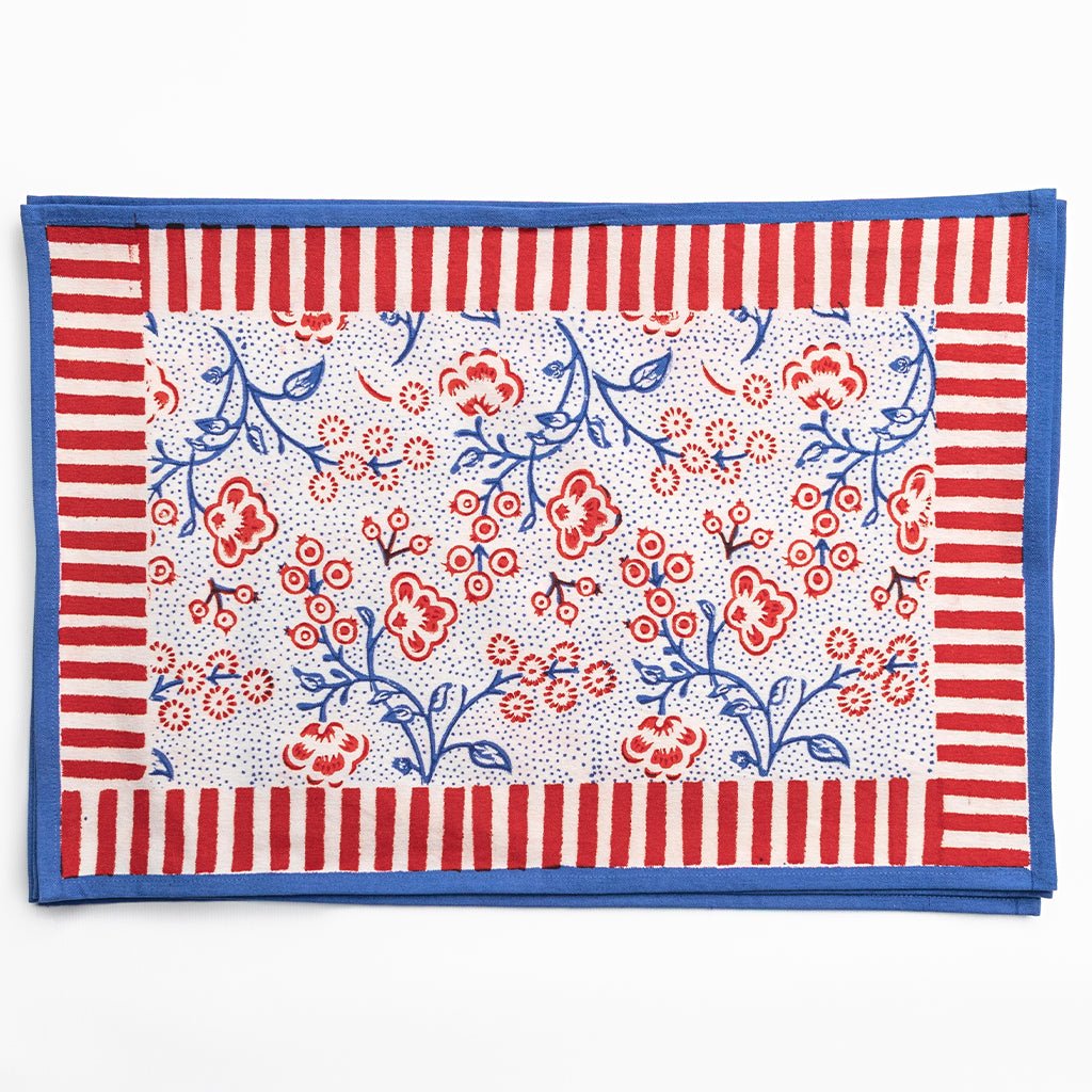 Floral & Berries Red, White & Blue Placemat | Set of 4 - Pomegranate