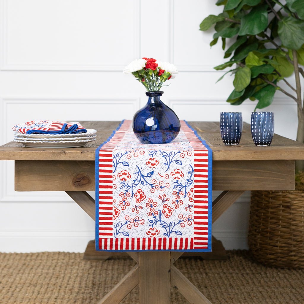Floral & Berries Red, White & Blue Table Runner - Pomegranate