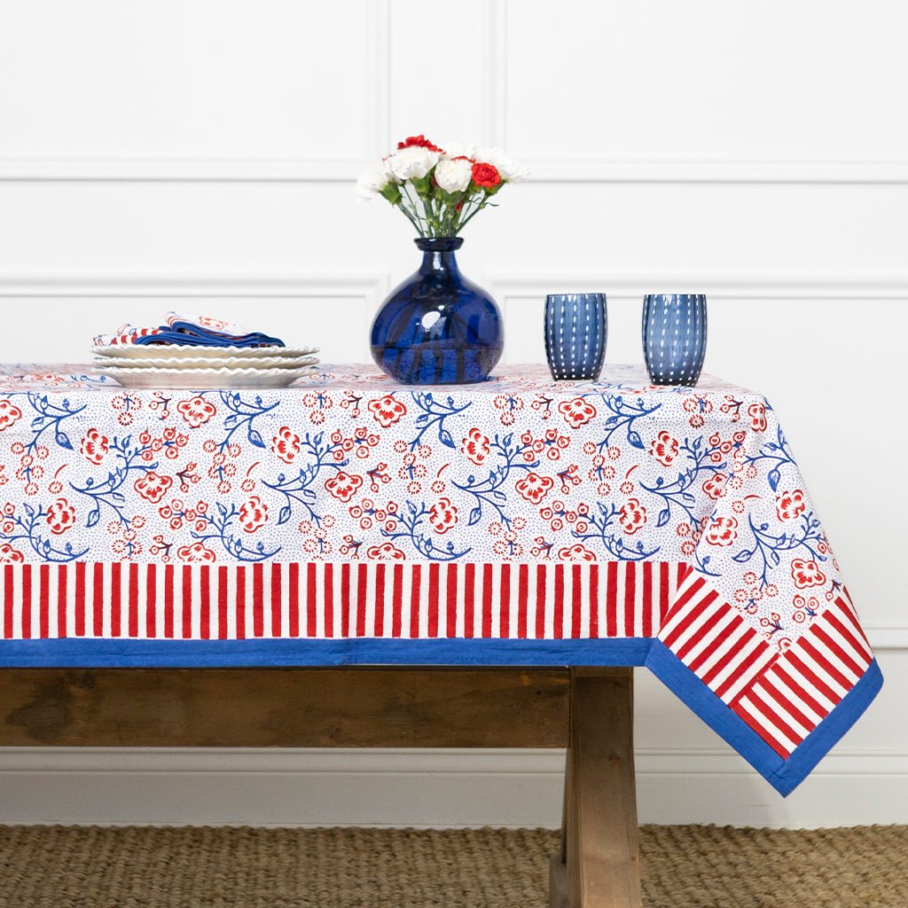 Floral & Berries Red, White & Blue Tablecloth - Pomegranate