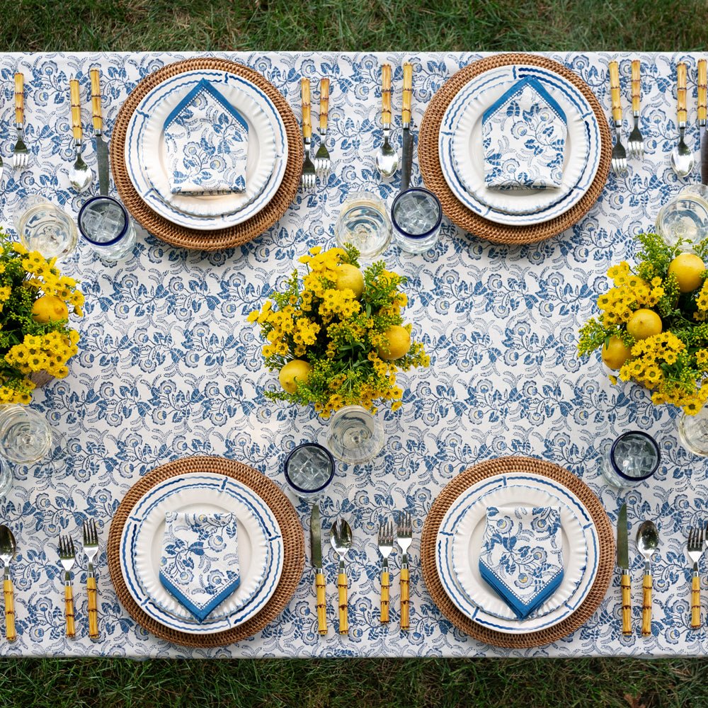 Gardenia Vine Azure Tablecloth | Blue Floral Table Linens
