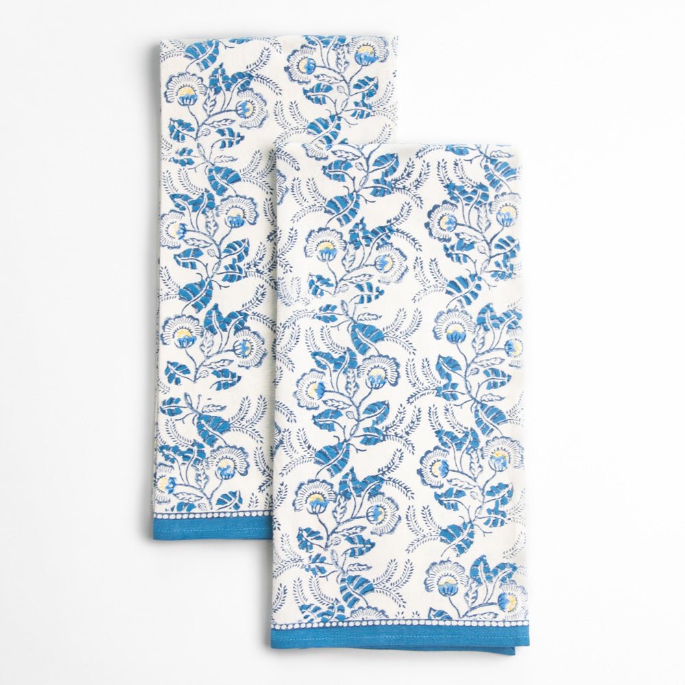 Hand block printed blue & white floral tea towels