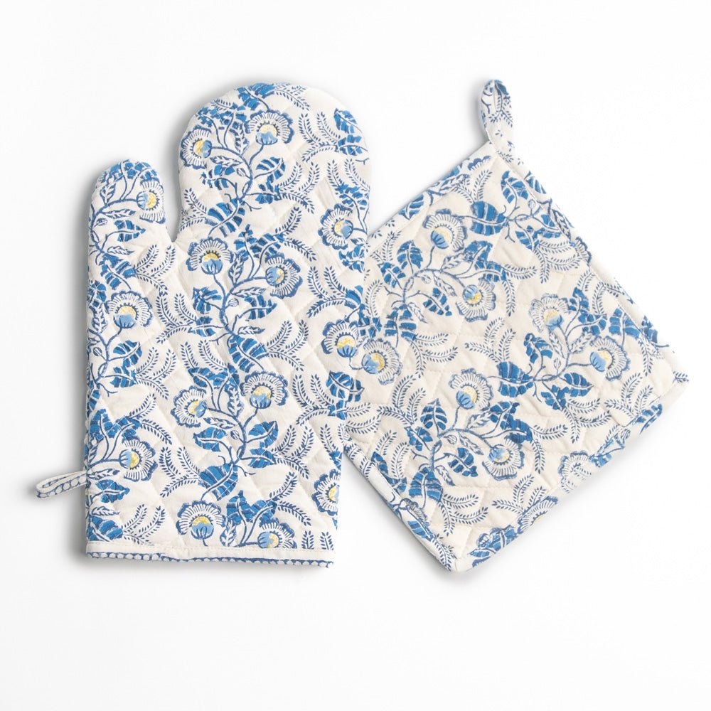 Hand block printed blue & white floral oven mitt and potholder set