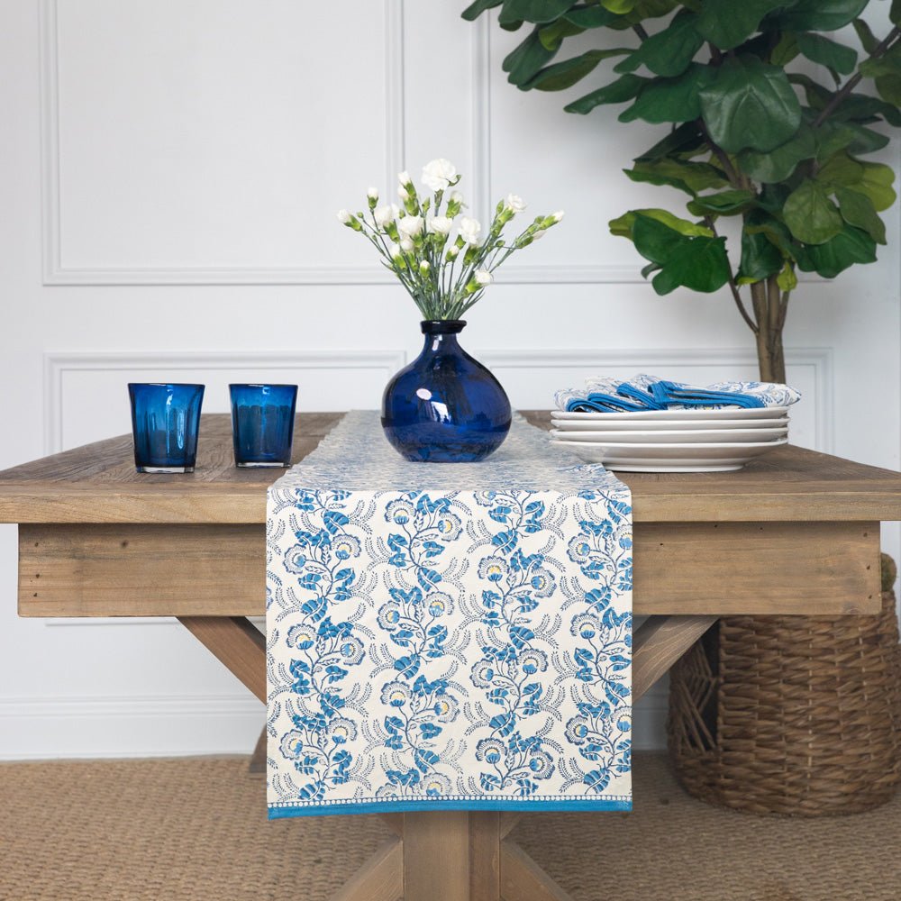 Gardenia Vine Azure Table Runner | Blue Table Runner | Pomegranate