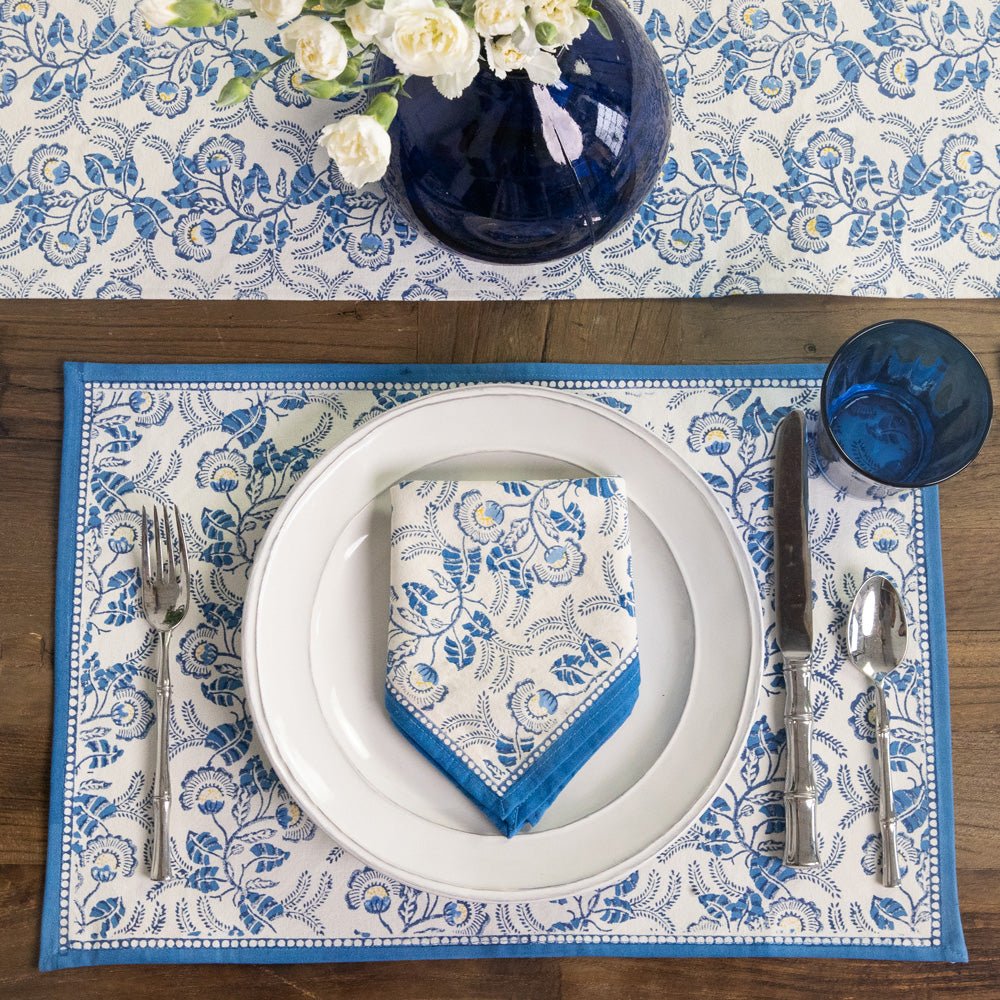 Hand block printed blue & white floral  placemat