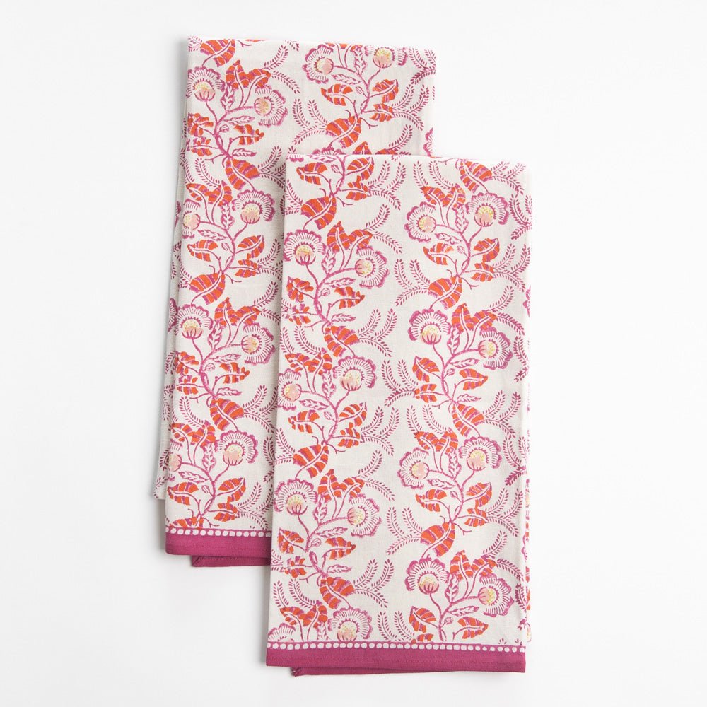 Hand block printed pink & white floral tea towels