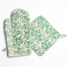 Hand block printed green & white floral oven mitt & pot holder set