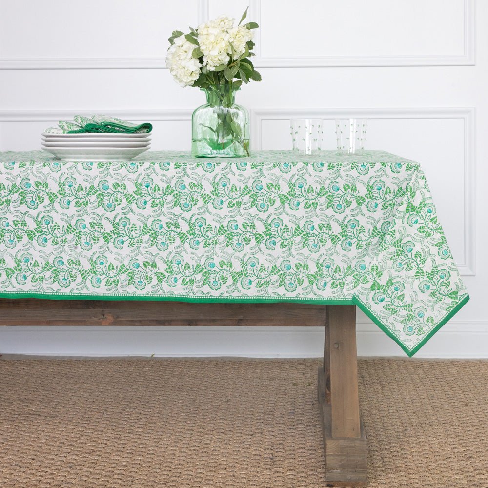 Hand block printed green & white floral tablecloth