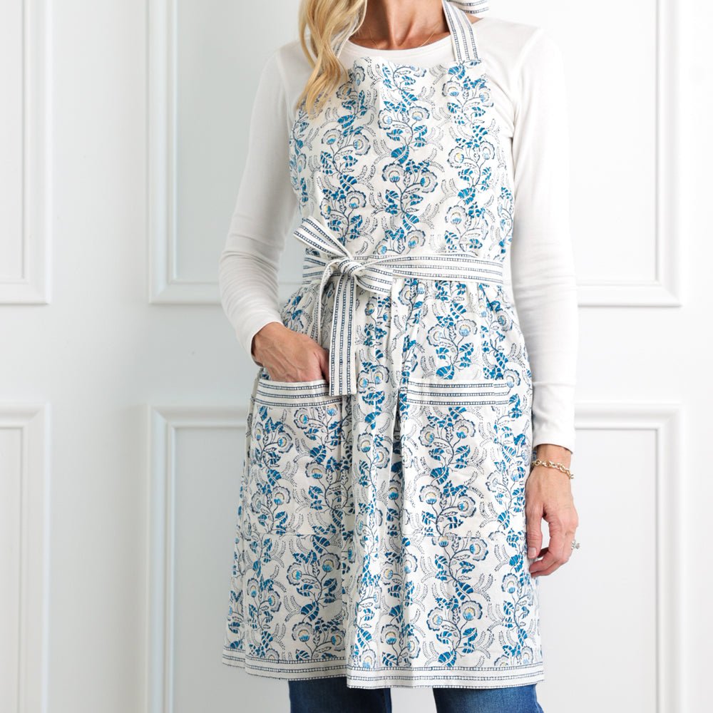 Hand block printed blue & white floral apron with pockets and adjustable straps