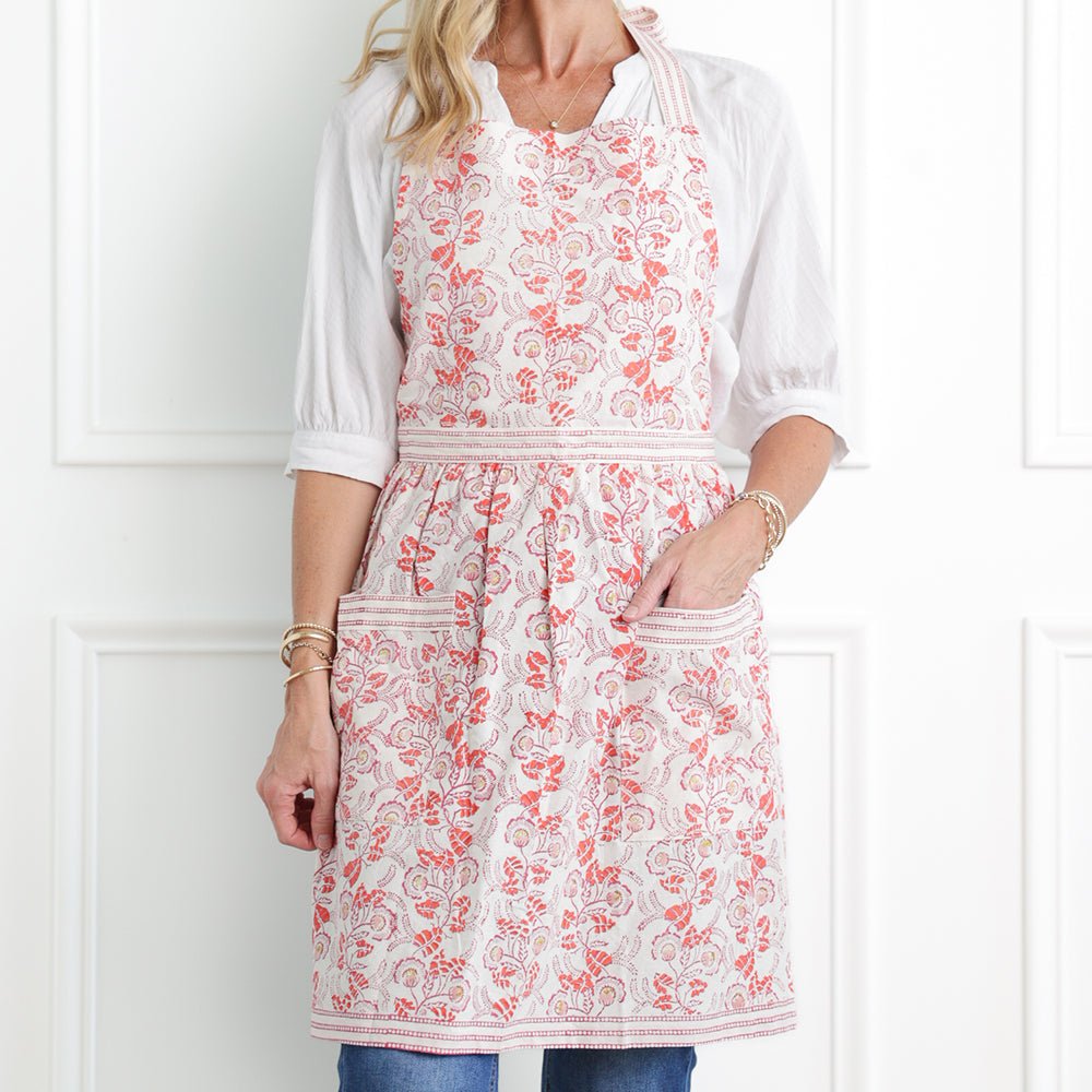 Hand block printed pink & white floral apron