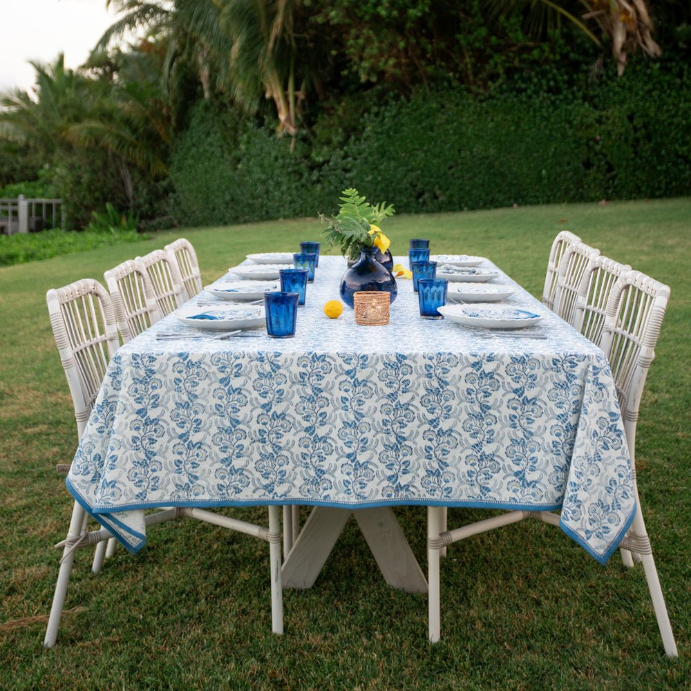 Gardenia Vine Azure Tablecloth | Blue Floral Table Linens