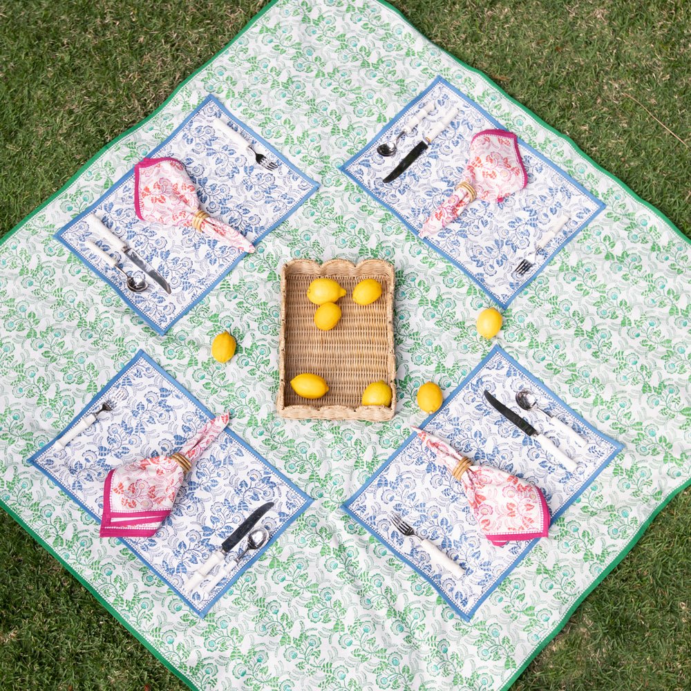 Hand block printed green & white floral tablecloth