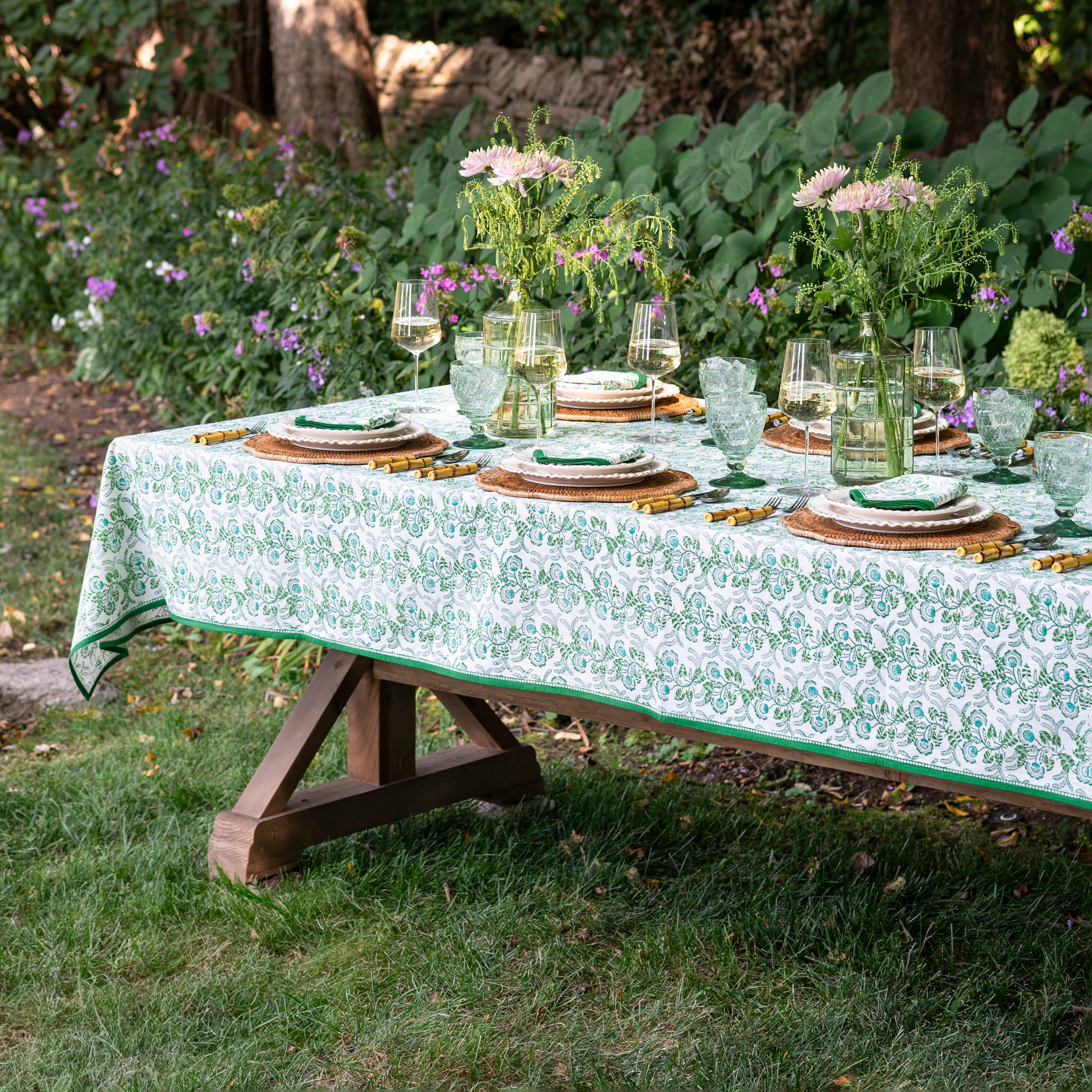 Hand block printed green & white floral tablecloth