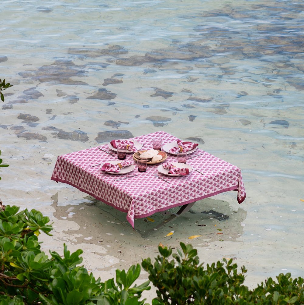 Geo Feather Fuchsia Tablecloth